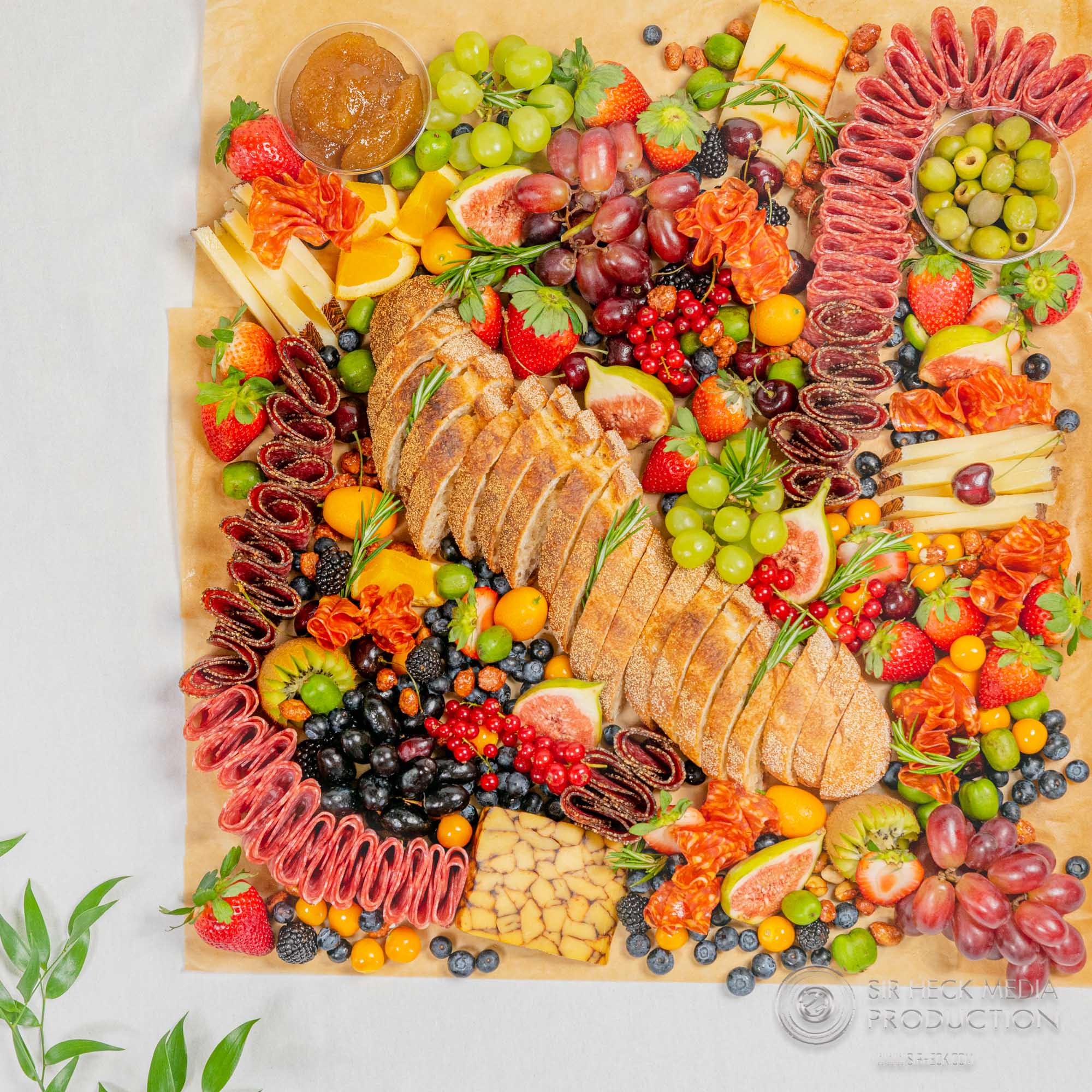 Top view of curated charcuterie plate